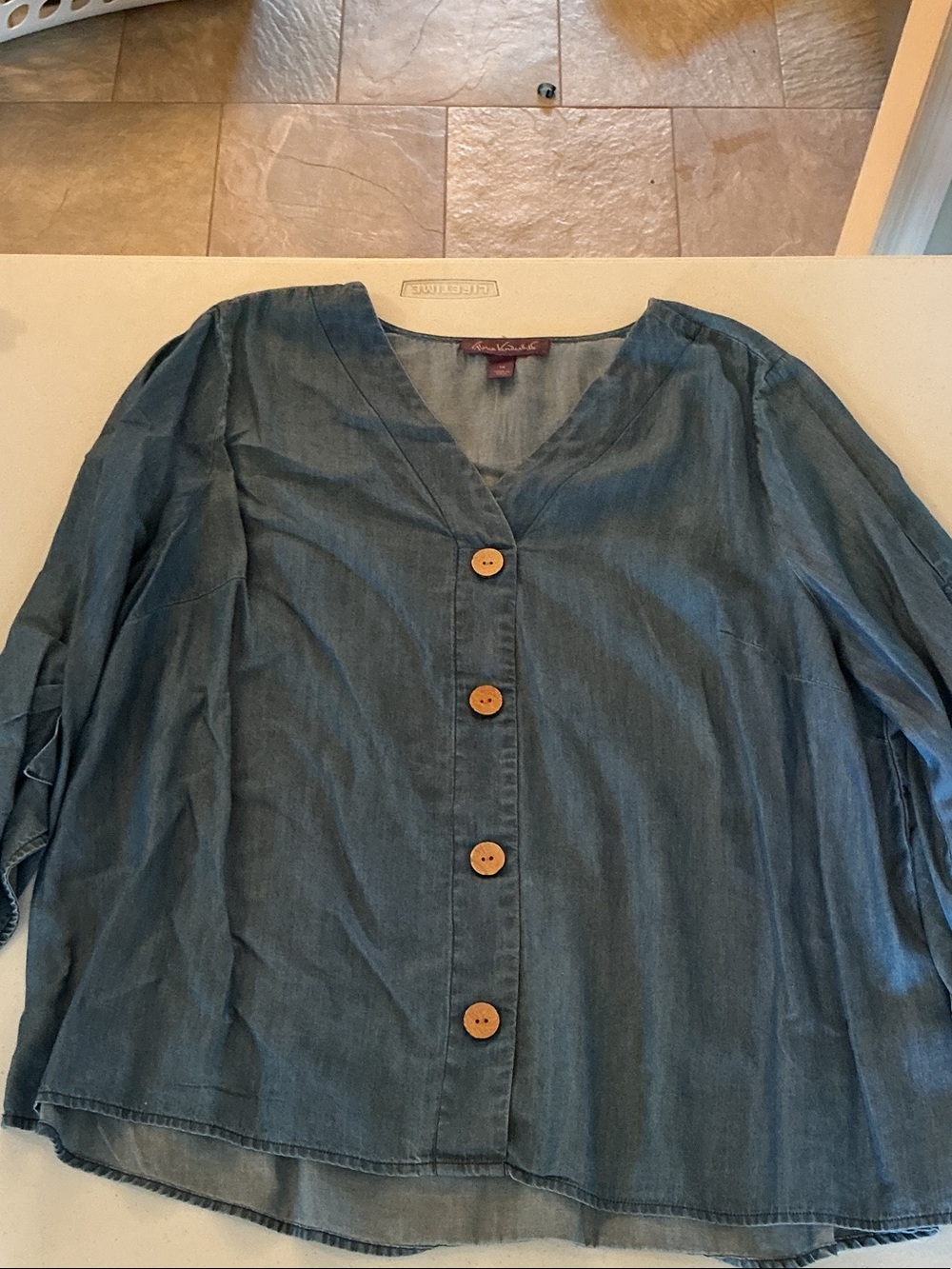 Maeve Denim-Style Button Front Top in Blue with Wooden Buttons